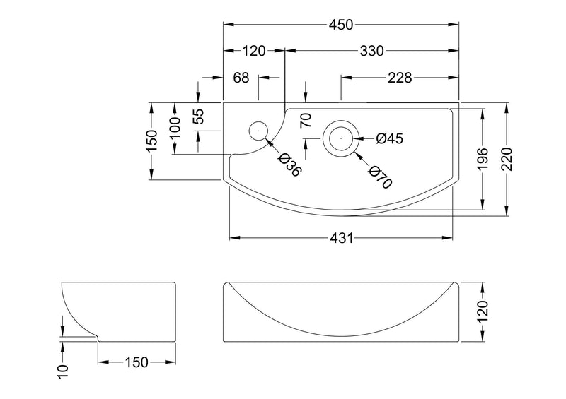 Nuie 450mm Compact Right Hand Wall Hung Basin 1 Tap Hole White (NBV161) line drawing