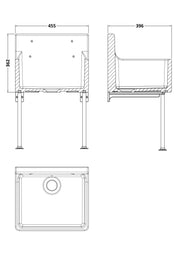 Nuie 455 x 362 x 396mm Fireclay Single Bowl Traditional Cleaner Sink with Grid, Legs, Wall Bracket & Backsplash White (CS10318LB) line drawing