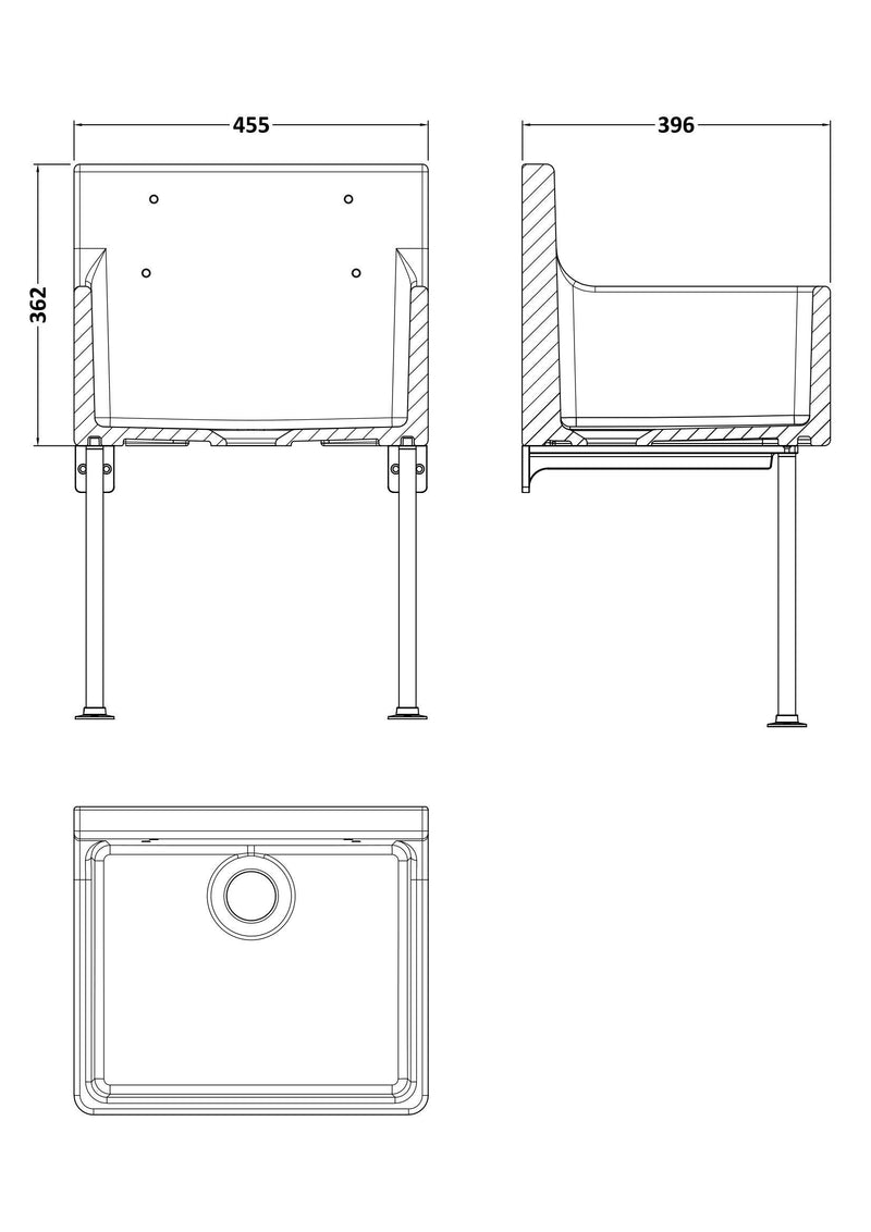 Nuie 455 x 362 x 396mm Fireclay Single Bowl Traditional Cleaner Sink with Grid, Legs, Wall Bracket & Backsplash White (CS10318LB) line drawing
