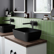 Nuie 455mm matt black counter top basin on a vanity unit