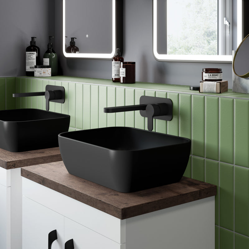 Nuie 455mm matt black counter top basin on a vanity unit