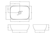 Nuie 455mm rectangular counter top basin line drawing with dimensions