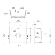 Nuie 457mm x 457mm Fireclay Soft Black Single Bowl Square Inset Sink With Central Waste And Overflow (PS40218) line drawing