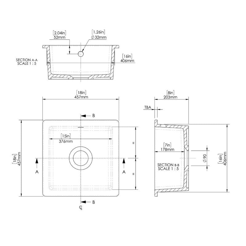 Nuie 457mm x 457mm Fireclay Soft Black Single Bowl Square Inset Sink With Central Waste And Overflow (PS40218) line drawing