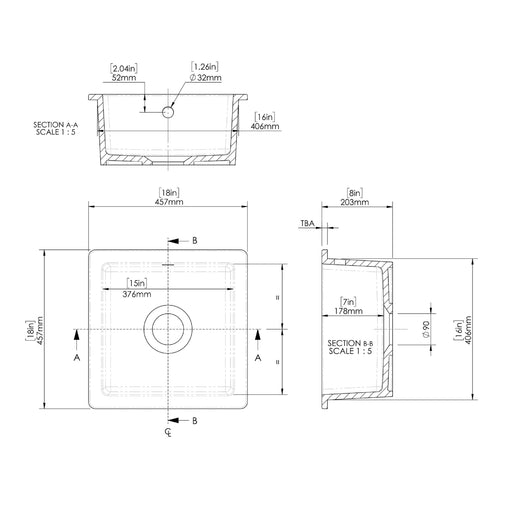 Nuie 457mm x 457mm Fireclay Soft Black Single Bowl Square Inset Sink With Central Waste And Overflow (PS40218) line drawing