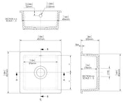 Nuie 457mm x 457mm Fireclay White Single Bowl Square Inset Sink With Central Waste And Overflow (PS10218) line drawing