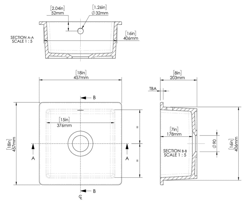 Nuie 457mm x 457mm Fireclay White Single Bowl Square Inset Sink With Central Waste And Overflow (PS10218) line drawing