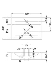 Nuie 460mm rectangular 1 tap hole counter top basin line drawing