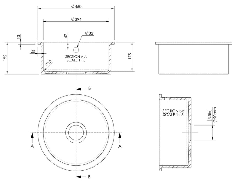 Nuie 460mm x 191mm Fireclay Soft Black Single Bowl Round Inset Sink With Central Waste And Overflow (PS48018) line drawing