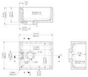 Nuie 460mm x 380mm x 205mm Fireclay White Single Bowl Belfast Sink With Offset Waste And Weir Overflow (BE11018) line drawing