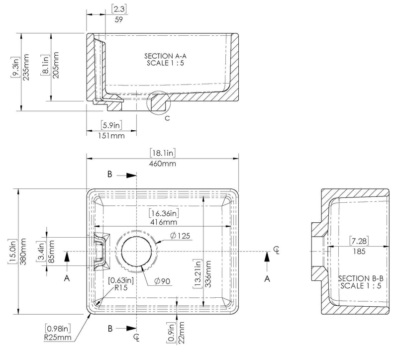 Nuie 460mm x 380mm x 205mm Fireclay White Single Bowl Belfast Sink With Offset Waste And Weir Overflow (BE11018) line drawing