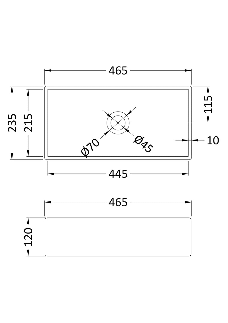 Nuie 465mm rectangular counter top basin line drawing with dimensions