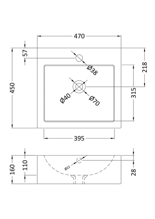 Nuie 470mm square counter top basin line drawing