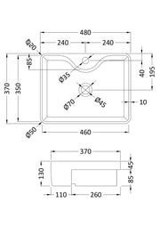 Nuie 480mm square semi recessed basin line drawing with dimensions
