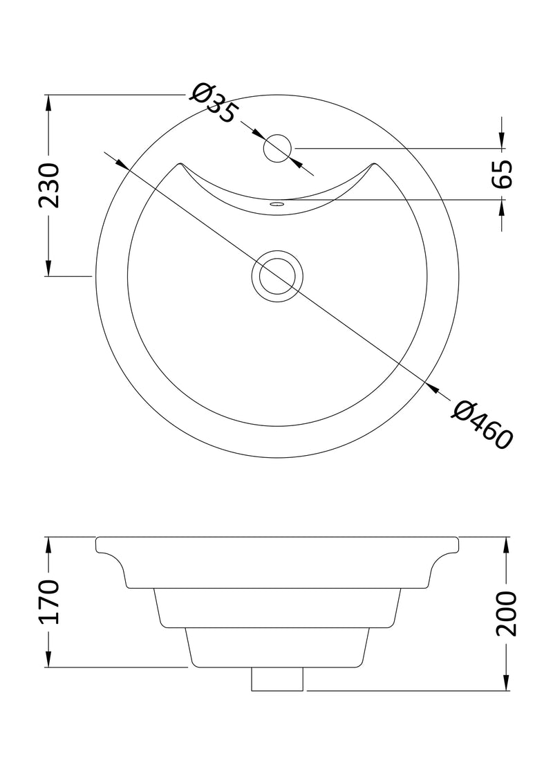 Nuie 485mm round counter top basin line drawing