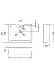 Nuie 485mm soft square counter top basin line drawing