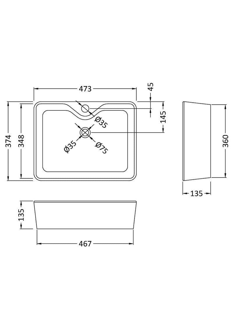 Nuie 485mm soft square counter top basin line drawing