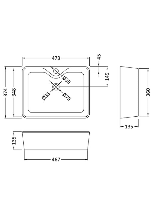 Nuie 485mm soft square counter top basin line drawing