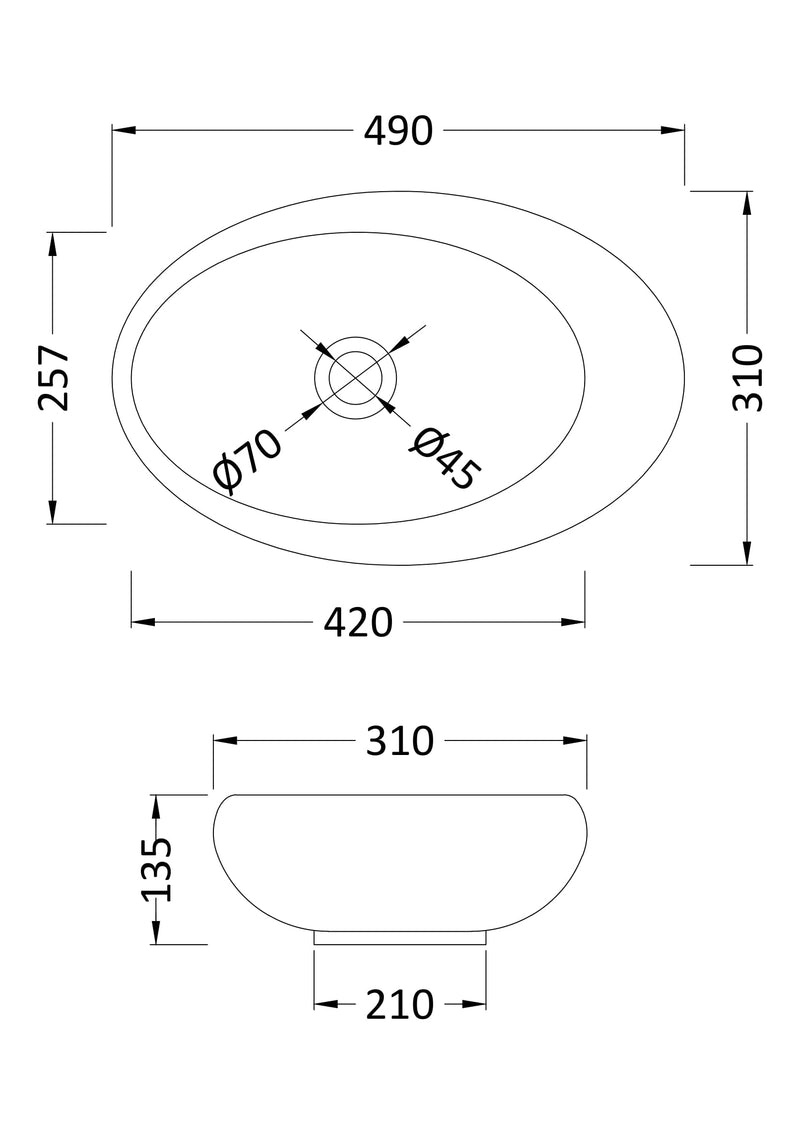 Nuie 490mm oval counter top basin line drawing