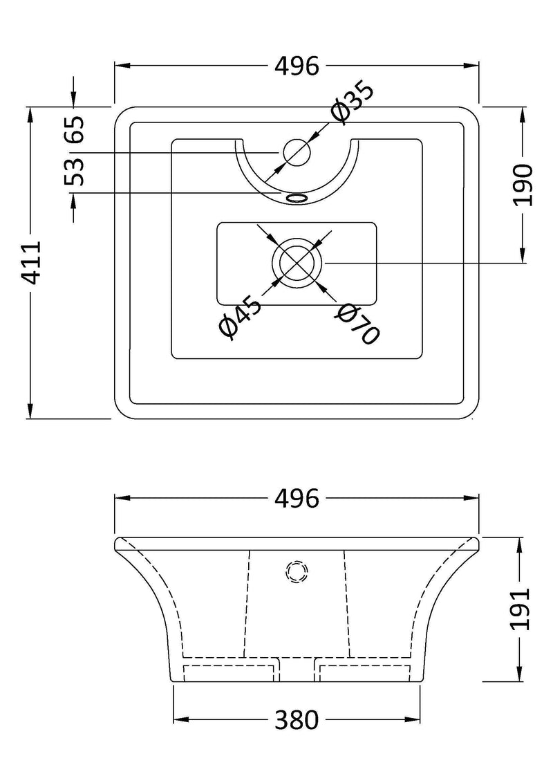 Nuie 495mm deep rectangular counter top basin line drawing