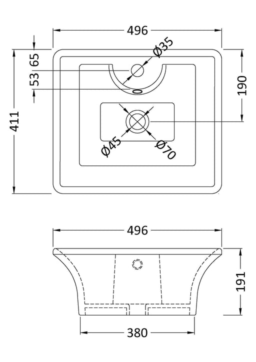 Nuie 495mm deep rectangular counter top basin line drawing