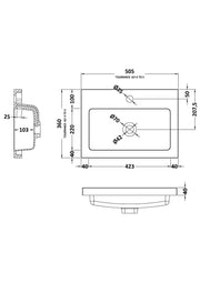 Nuie 500mm Polymarble Rectangular Basin 1 Tap Hole White (PMB312) line drawing