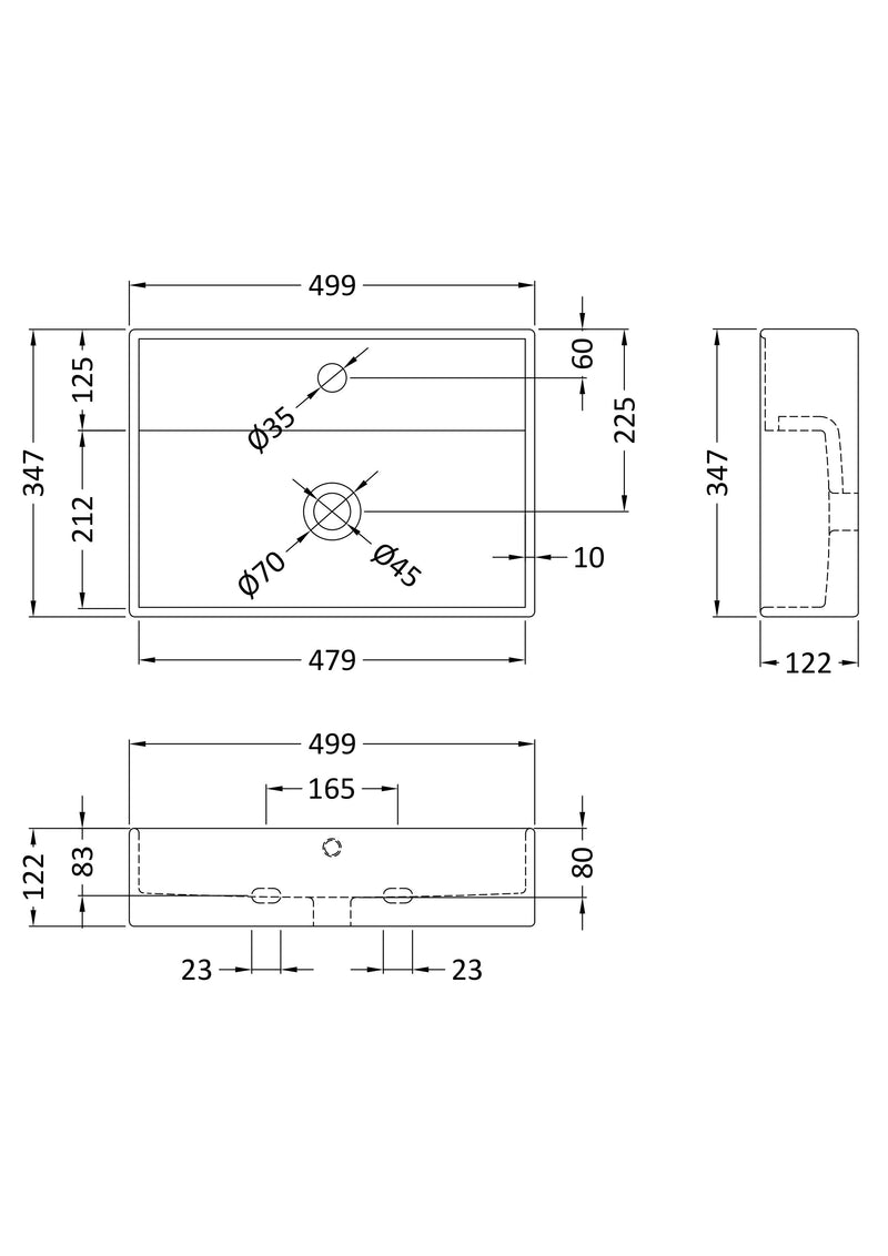 Nuie 500mm square counter top basin line drawing