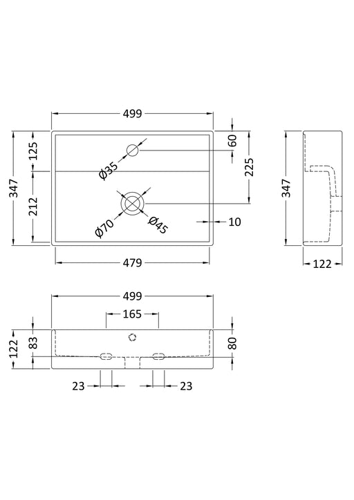 Nuie 500mm square counter top basin line drawing