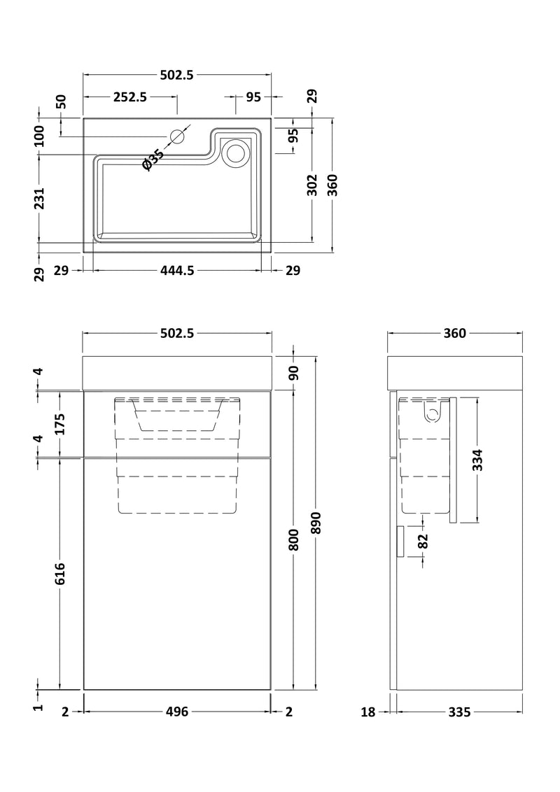 Nuie 500mm WC Unit with 1 Tap Hole Basin Bleached Oak (PRC3045CB) line drawing