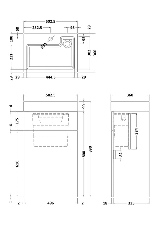Nuie 500mm WC Unit with 1 Tap Hole Basin Bleached Oak (PRC3045CB) line drawing