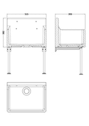 Nuie 515 x 382 x 393mm Fireclay Single Bowl Traditional Cleaner Sink with Grid, Legs, Wall Bracket & Backsplash White (CS10421LB) line drawing