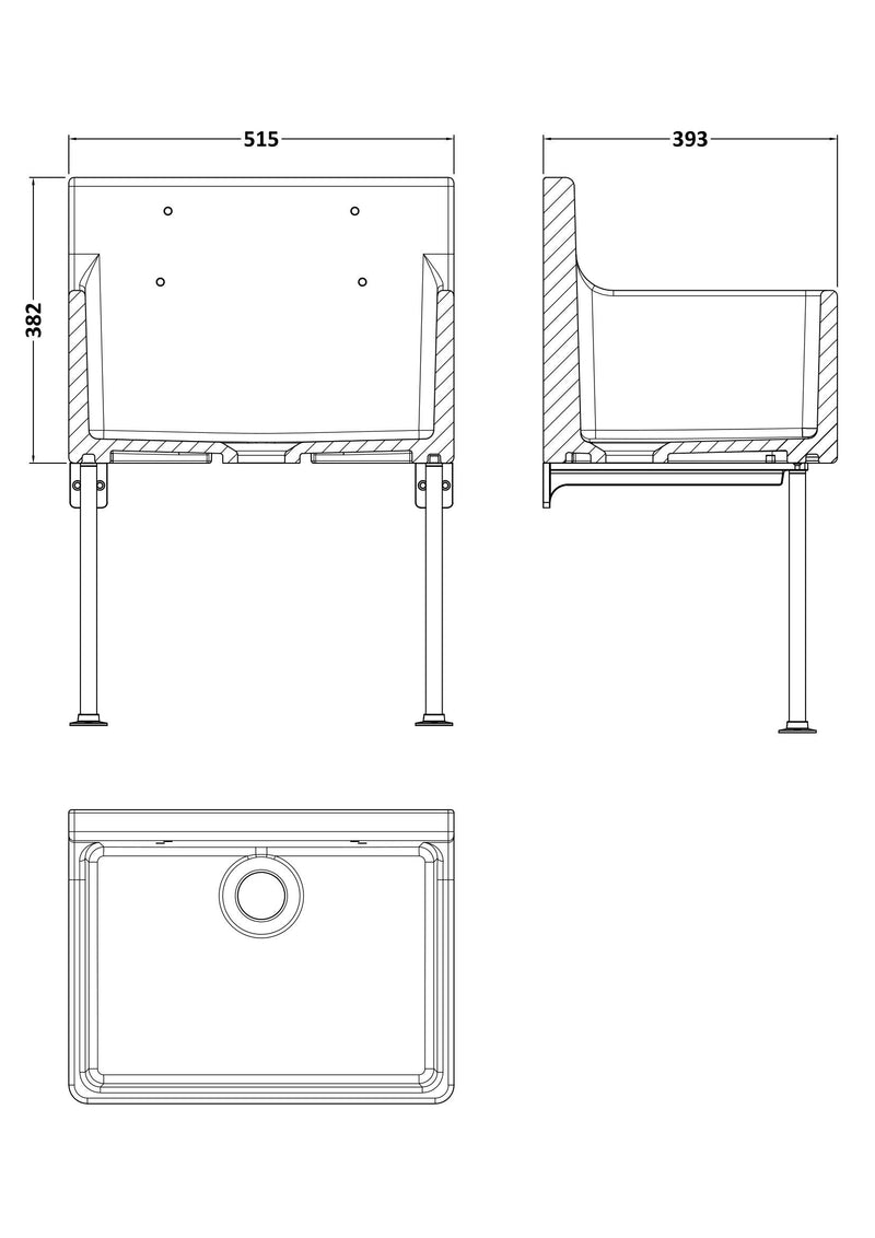Nuie 515 x 382 x 393mm Fireclay Single Bowl Traditional Cleaner Sink with Grid, Legs, Wall Bracket & Backsplash White (CS10421LB) line drawing