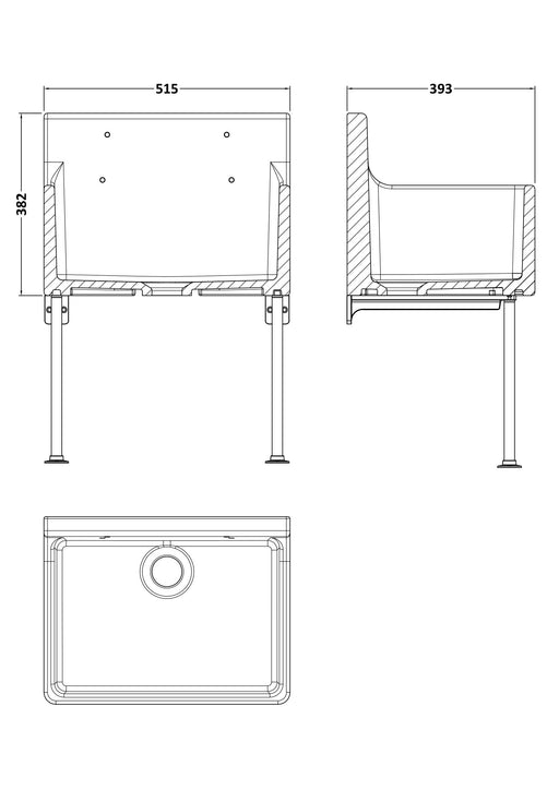 Nuie 515 x 382 x 393mm Fireclay Single Bowl Traditional Cleaner Sink with Grid, Legs, Wall Bracket & Backsplash White (CS10421LB) line drawing