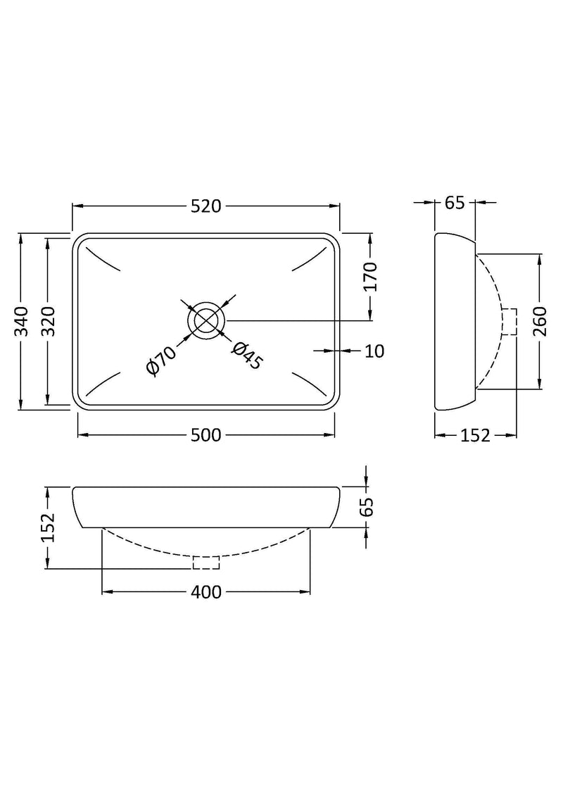 Nuie 520mm rectangular counter top basin line drawing