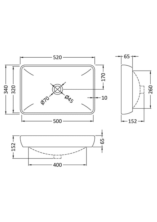 Nuie 520mm rectangular counter top basin line drawing