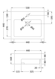 Nuie 530mm square semi recessed basin line drawing with dimensions