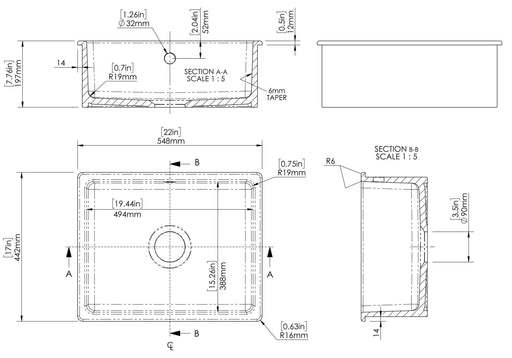Nuie 548mm x 442mm Fireclay White Single Bowl Rectangular Inset Sink With Central Waste And Overflow (PS13022) line drawing