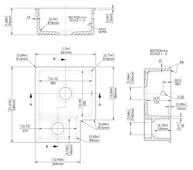 Nuie 549mm x 441mm Fireclay White Left-Hand 1.5 Bowl Rectangular Inset Sink (PS130H22L) line drawing