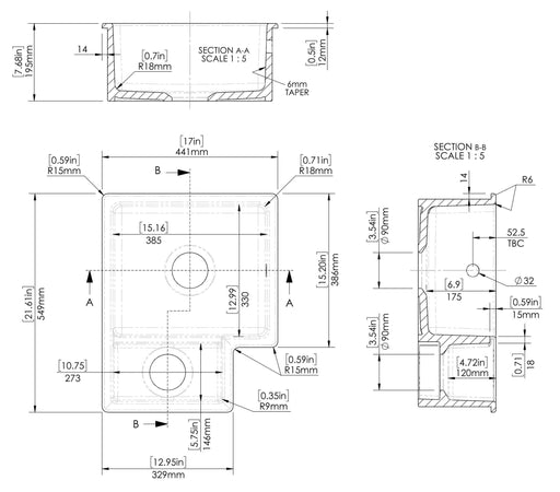 Nuie 549mm x 441mm Fireclay White Left-Hand 1.5 Bowl Rectangular Inset Sink (PS130H22L) line drawing