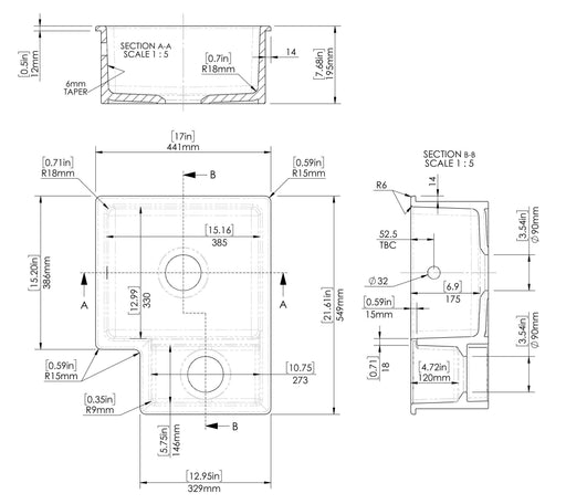 Nuie 549mm x 441mm Fireclay White Right-Hand 1.5 Bowl Rectangular Inset Sink (PS130H22R) line drawing
