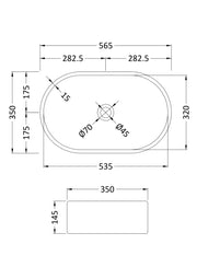 Nuie 565mm oval counter top basin line drawing with dimensions