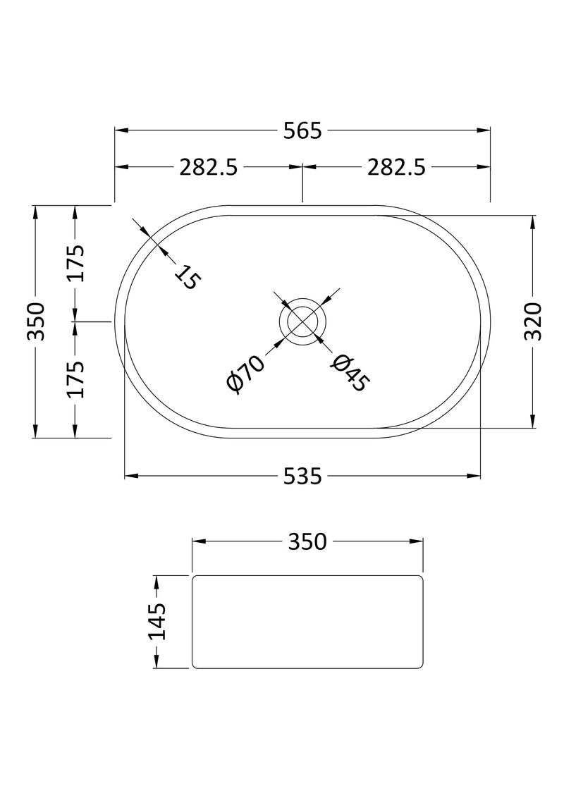 Nuie 565mm oval counter top basin line drawing with dimensions