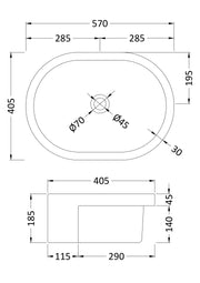 Nuie 570mm oval semi recessed basin line drawing with dimensions