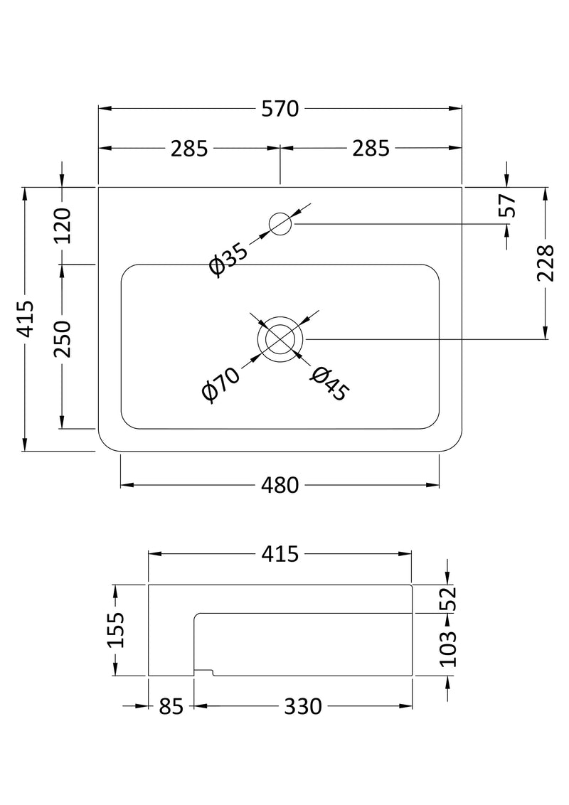 Nuie 570mm square semi recessed basin line drawing with dimensions