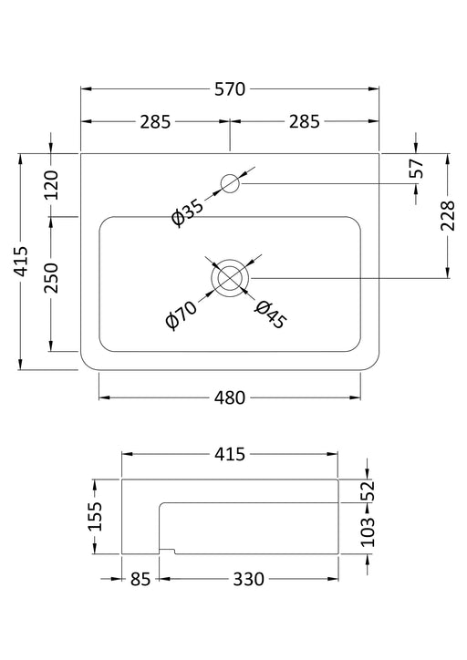 Nuie 570mm square semi recessed basin line drawing with dimensions