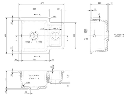 Nuie 579mm x 455mm Fireclay White 1.25 Bowl Rectangular Inset Sink (PS130H22C) line drawing