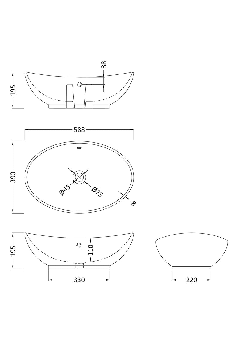 Nuie 588mm oval counter top basin line drawing