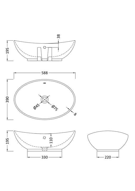 Nuie 588mm oval counter top basin line drawing