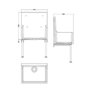 Nuie 595 x 450 x 220mm Fireclay Single Bowl Traditional Cleaner Sink with Grid, Legs, Wall Bracket & Backsplash White (CS10121LB) line drawing