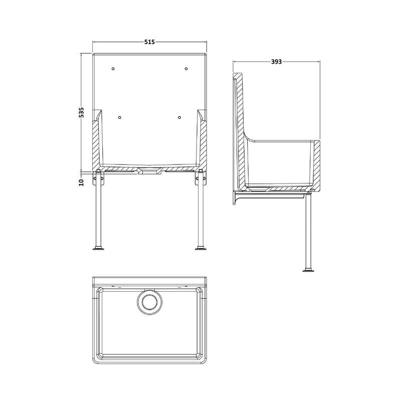 Nuie 595 x 450 x 220mm Fireclay Single Bowl Traditional Cleaner Sink with Grid, Legs, Wall Bracket & Backsplash White (CS10121LB) line drawing